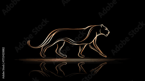 Elegant golden glowing outline of a majestic big cat, possibly a panther or jaguar, walking on a dark reflective surface. Abstract digital art.