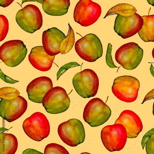 A seamless watercolor pattern with juicy red apples leaves on a warm yellow  background	

