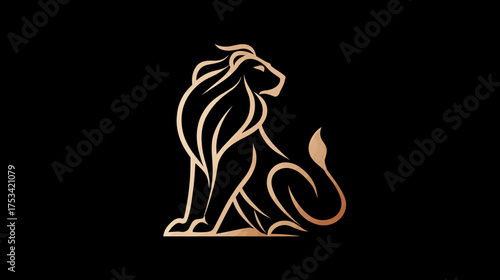 Elegant golden line art lion icon on black background, majestic sitting animal symbol, powerful digital graphic design element