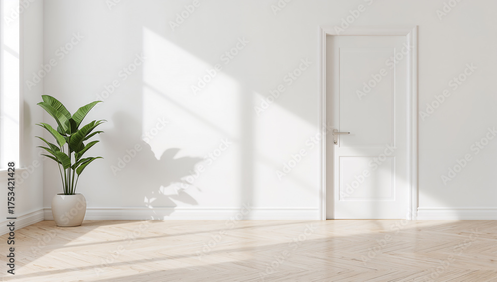 Fototapeta premium Bright and Airy Room with Door and Indoor Plant Decor