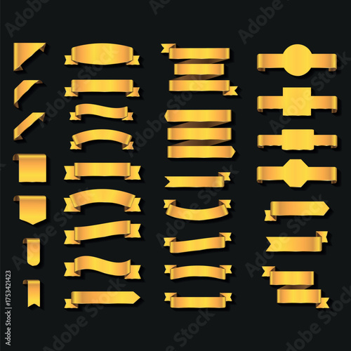 Vector Golden Ribbons Banner Collection: A Vintage Set of Curled Gold Scroll Elements, Award Ribbons, and Decorative Labels for Design Templates and Blank Flag Shapes