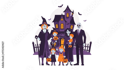 Halloween Gathering: A spooky illustration of a family dressed in Halloween costumes stands in front of a haunted house, setting a scene of seasonal fun and fright. 