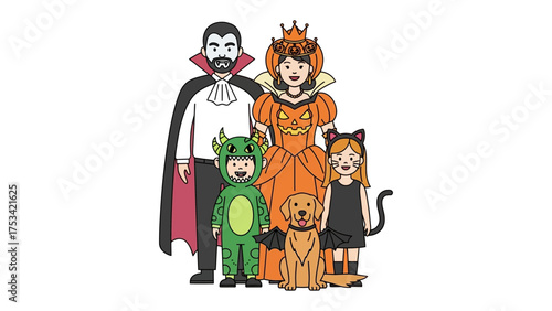 Family's Halloween Spectacle: A vibrant family stands together, adorned in a delightful array of Halloween costumes, embodying the festive spirit and playful charm of the season.