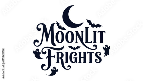 Moonlit Frights: A captivating illustration evoking the eerie essence of Halloween night. The image features a crescent moon, bats, and ghostly figures in a spooky and mysterious scene.