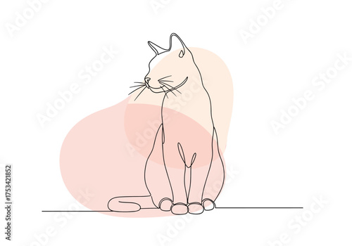 Minimalist single line drawing of a cute cat sitting with soft abstract color blobs in the background.