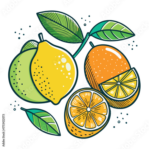Colorful citrus fruit illustration featuring oranges, lemons, and limes with fresh green leaves, drawn in a vibrant cartoon style
