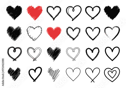 A collection of diverse hand drawn heart illustrations in various styles and colors.