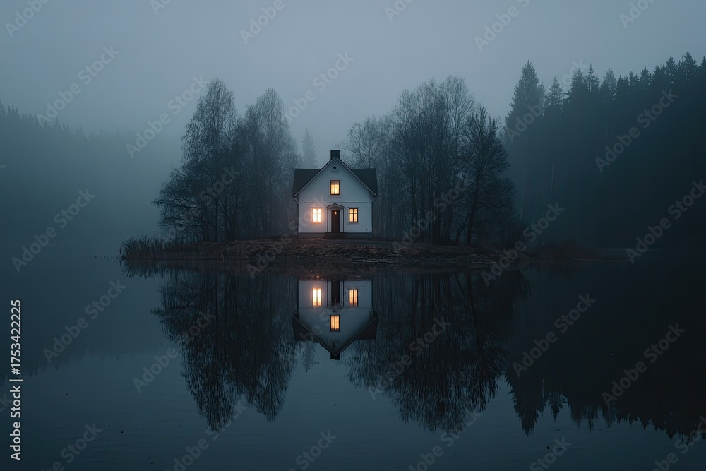 Obraz premium Small white house on an island reflects in still lake with a misty forest in background
