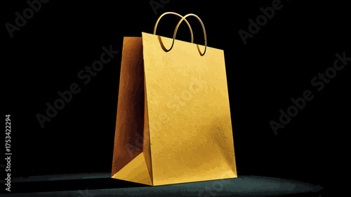 Luxurious golden paper shopping bag with handles, isolated on a dark background. Ideal for retail, gifts, and premium packaging concept.