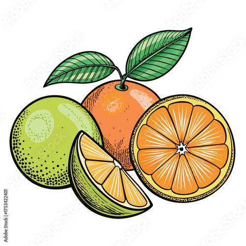 Colorful citrus fruit illustration featuring oranges, lemons, and limes with fresh green leaves, drawn in a vibrant cartoon style