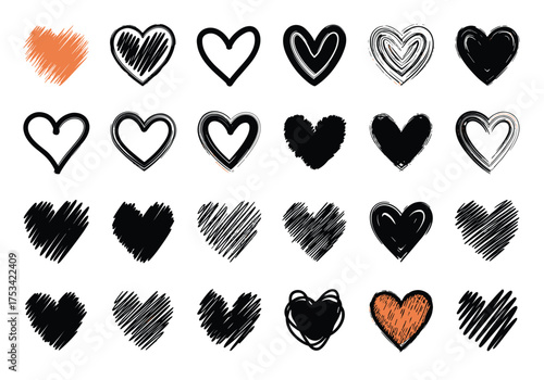 A collection of hand drawn hearts in various styles and textures representing love and affection.