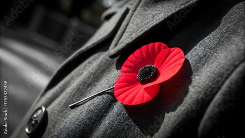 Obraz na plátně Red remembrance poppy pinned to a textured grey coat lapel