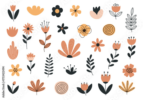 A collection of abstract floral illustrations in a warm color palette.