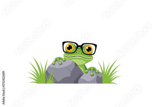 A curious green frog wearing glasses peeks out from behind rocks and grass.