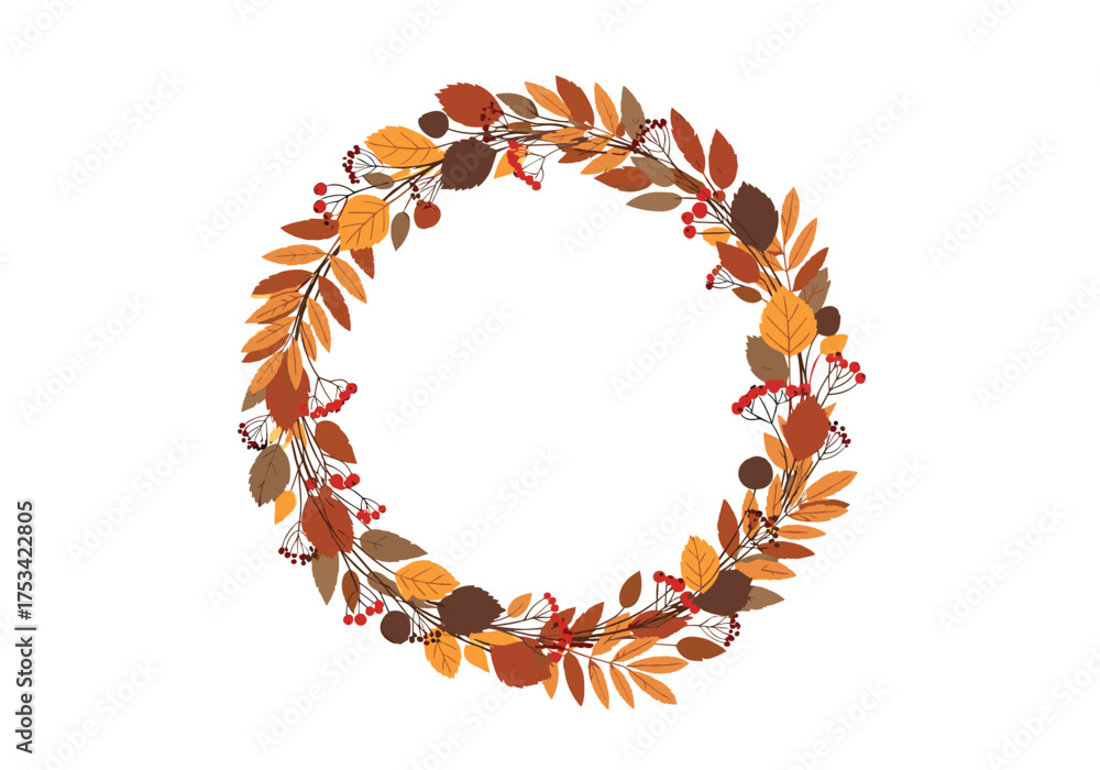 Obraz premium An autumnal wreath displaying a variety of leaves in warm fall colors like orange brown and yellow.