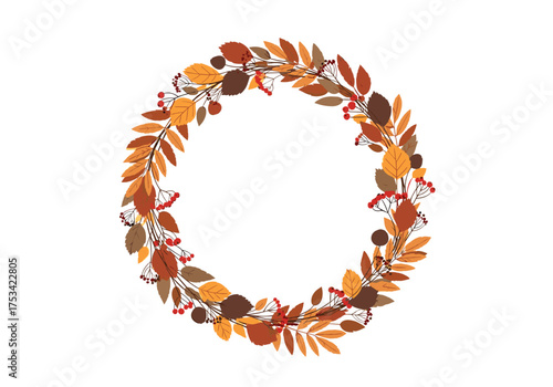 An autumnal wreath displaying a variety of leaves in warm fall colors like orange brown and yellow.