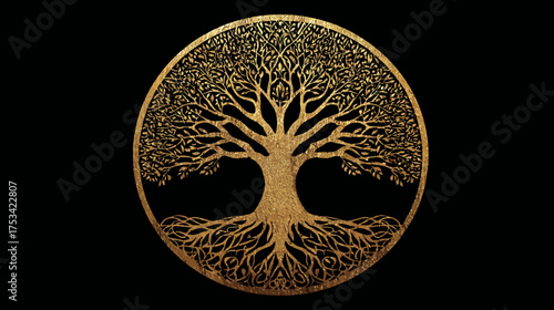 Elegant golden Tree of Life in a circular, ornate design on a black background, symbolizing growth, wisdom, and spiritual connection.