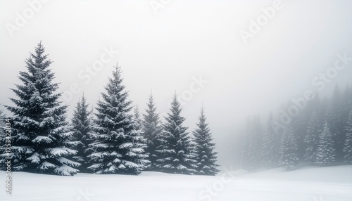 a monochrome winter landscape with a row of snow-dusted pine trees emerging from a thick, white fog