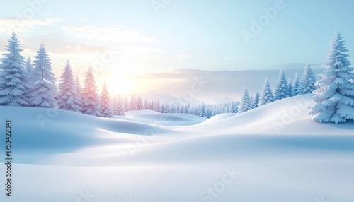 Wallpaper Mural Vast serene winter landscape with smooth snow-covered hills and distant pine forests glowing in soft sunrise light Torontodigital.ca