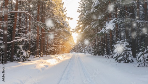 snow-covered forest road lined by tall, snow-dusted pine trees, with bright sunlight bursting through the center
