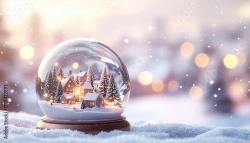 snow globe resting on a blanket of snow, containing a miniature, lighted winter village with tiny houses and fir trees