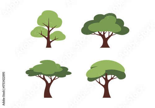 A collection of four simple illustrations of deciduous trees with brown trunks and green canopies.