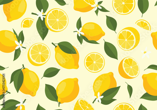 A vibrant and refreshing seamless pattern featuring ripe yellow lemons and green leaves.