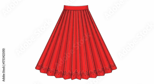 Elegant red pleated midi skirt with an embroidered hem, a stylish women's fashion apparel vector illustration