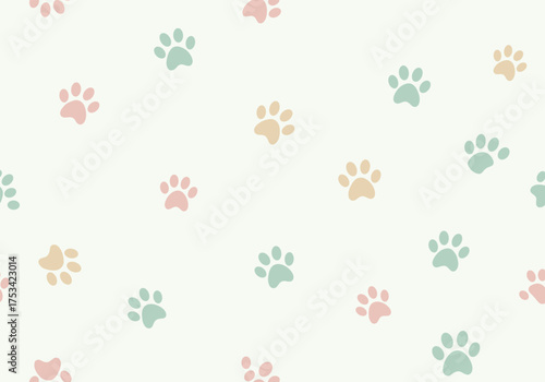 A soft pastel background with scattered paw prints in various gentle colors creating a cute and playful pattern.