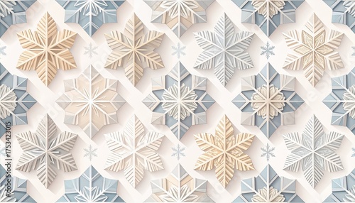 Modern winter background with 3D paper-cut snowflakes in pastel colors