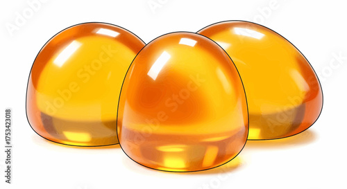 Three shiny golden drops like honey or amber, a glossy translucent liquid substance vector illustration
