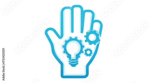 Creative innovation concept with human hand, gears, and lightbulb icon. Idea generation, engineering, and problem-solving technology.