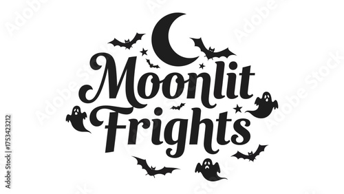 Moonlit Frights: A spooky scene filled with bats, ghosts and a crescent moon, perfect for Halloween and other holiday events.