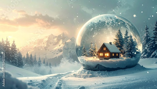 Magical snowy landscape with a warm cabin enclosed in a glass globe at sunset