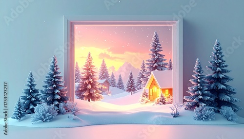 Dreamy miniature winter world with glowing cottages surrounded by snowy pines
