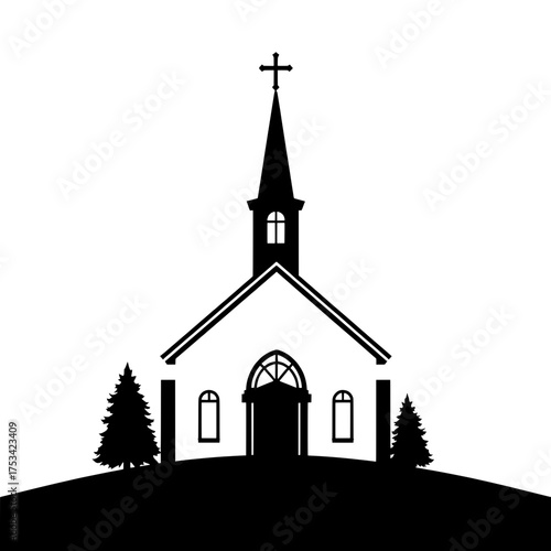 simple silhouette of a church on a hill with trees