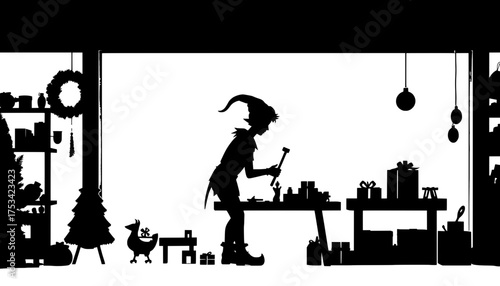 a silhouette of santa's workshop with an elf crafting toys