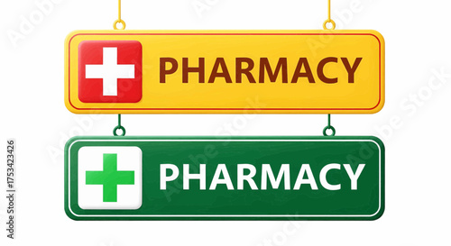 Yellow and green pharmacy signs with a medical cross symbol for drugstores and healthcare, a vector illustration