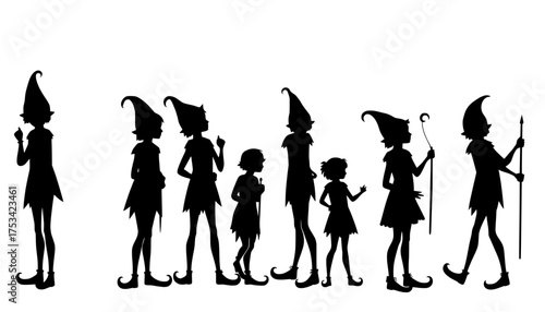 silhouette of a group of fantasy elves or pixie children with pointed hats and magical items