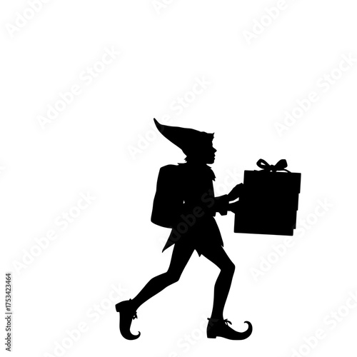 silhouette of a christmas elf running with a present and a sack
