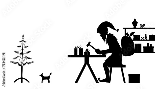 santa's workshop silhouette: an elf crafting gifts for christmas