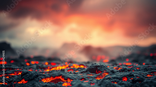 Breathtaking View of Molten Lava Flowing Over Black Volcanic Surface Creating a River of Fire