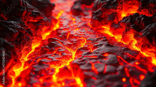 Dramatic Flow of Glowing Molten Lava Stream Between Dark Volcanic Rocks with Intense Heat and Texture