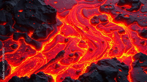 Top View of Abstract Molten Lava Texture with Rippling Magma Flow and Glowing Red Volcanic Surface