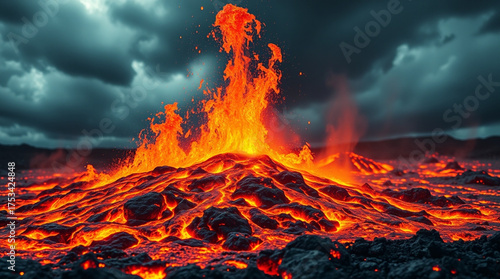 Powerful Volcanic Eruption with Glowing Lava Fountain Spouting into Dark Stormy Sky