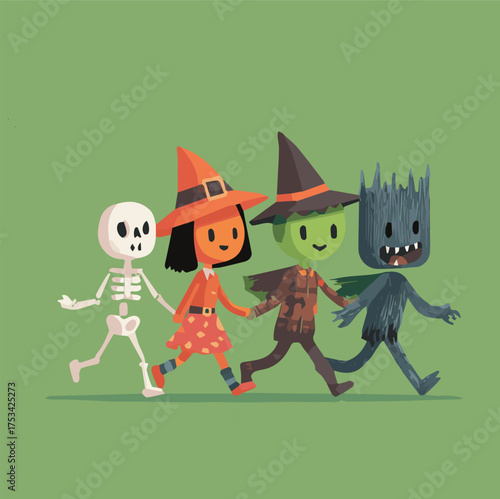 Cute Halloween cartoon characters walking together, fun modern art mascot illustration with skeleton, witch, zombie and werewolf