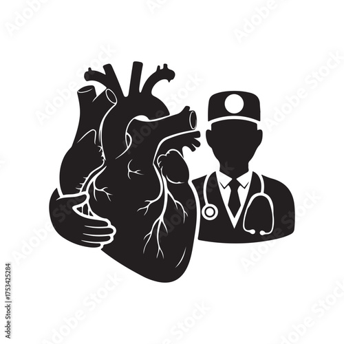 Black Silhouette Icon of Human Heart Held by Hands with Doctor