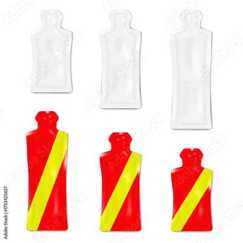 Tear notch bottle shaped sachet package. Realistic 3d vector mockup set. White and color design. Easy editable. Flat plastic bag. Mock-up. Single serve, product sample pouch packaging. Template