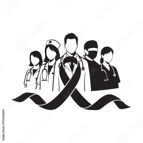 Monochrome Healthcare Professionals with Black Ribbon Awareness Vector Graphic