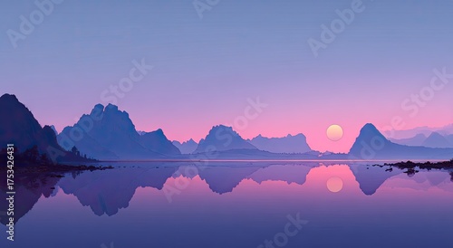 Fototapeta Naklejka Na Ścianę i Meble -  Tranquil dusk scene. Silhouetted mountain range reflects on calm water under a gradient purple sky